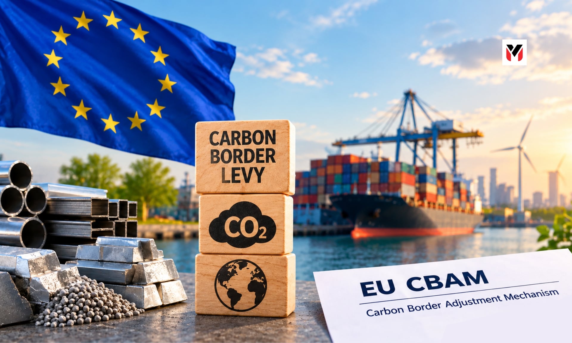 A cargo container at a border gate with a carbon-price tag