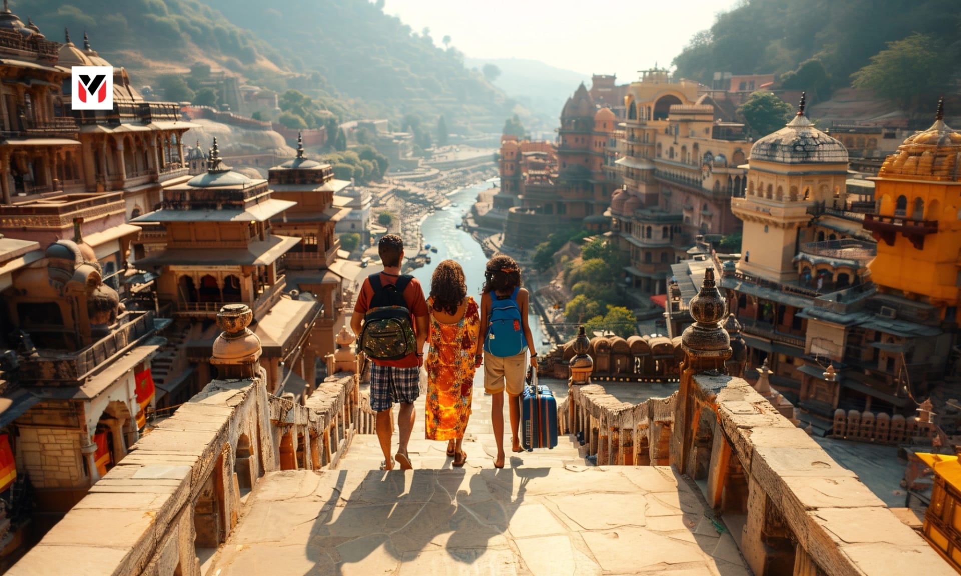 Domestic pilgrimage ghat and airport arrivals split-frame illustration