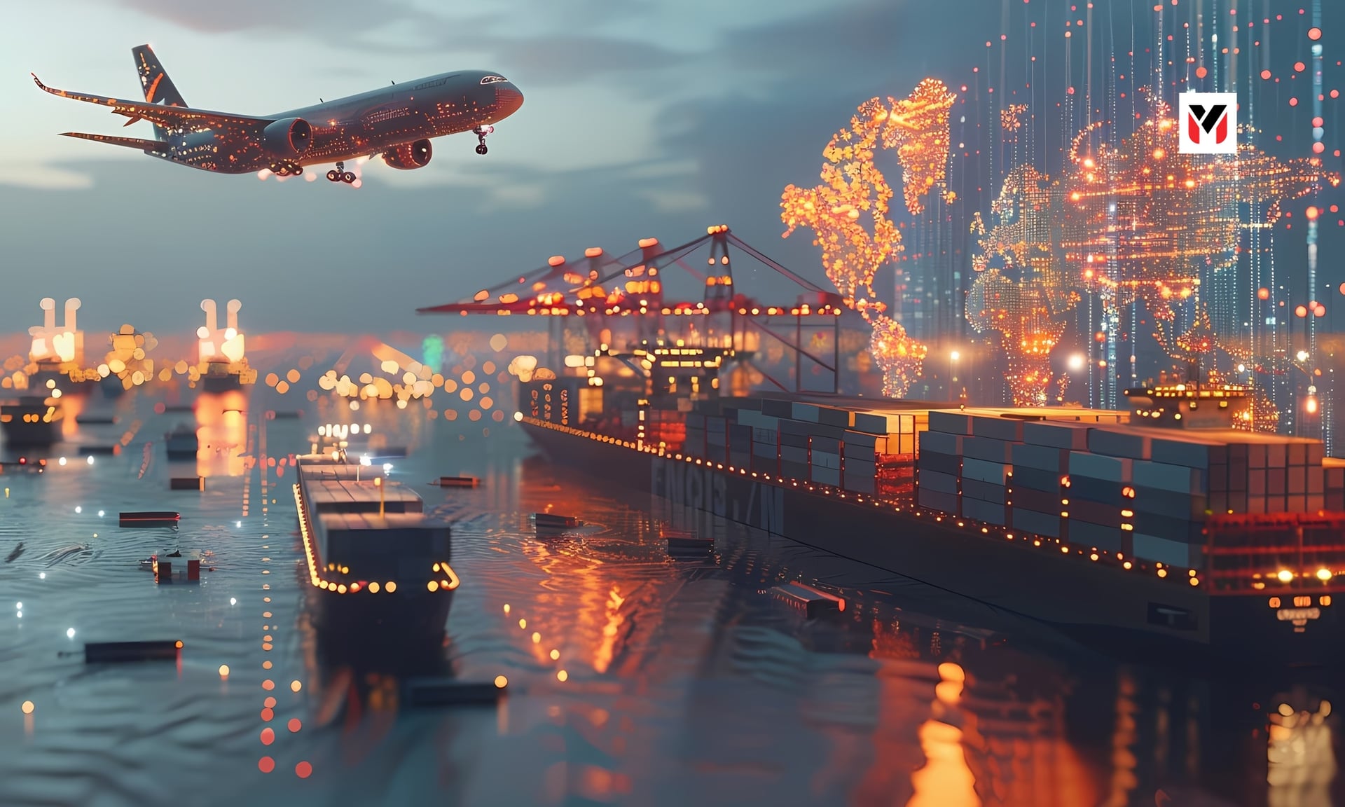 Editorial illustration: coins flowing along a shipping container route, charcoal and red palette, 16:9.