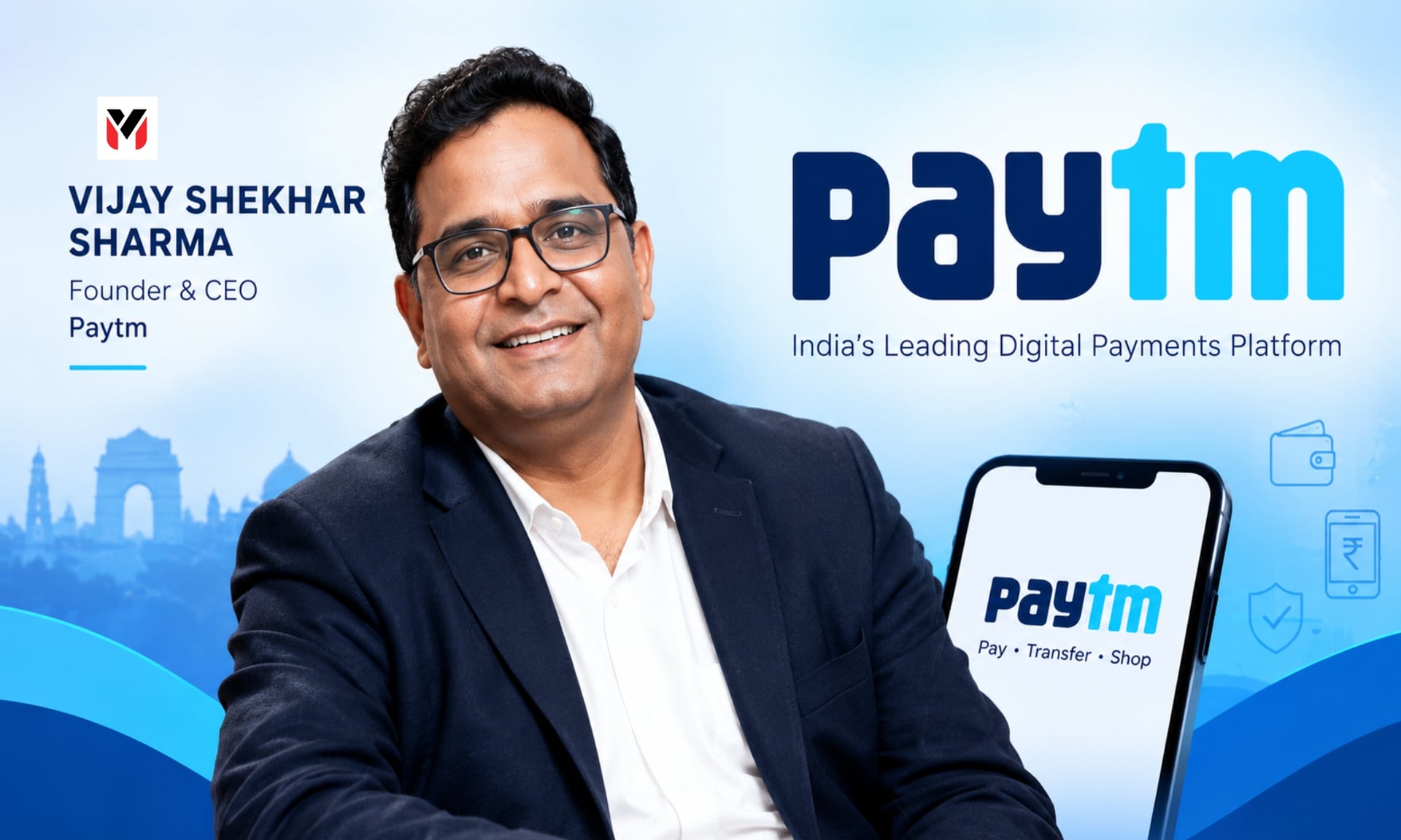 Vijay Shekhar Sharma, founder and CEO of Paytm, smiling beside the Paytm mobile payments app and logo