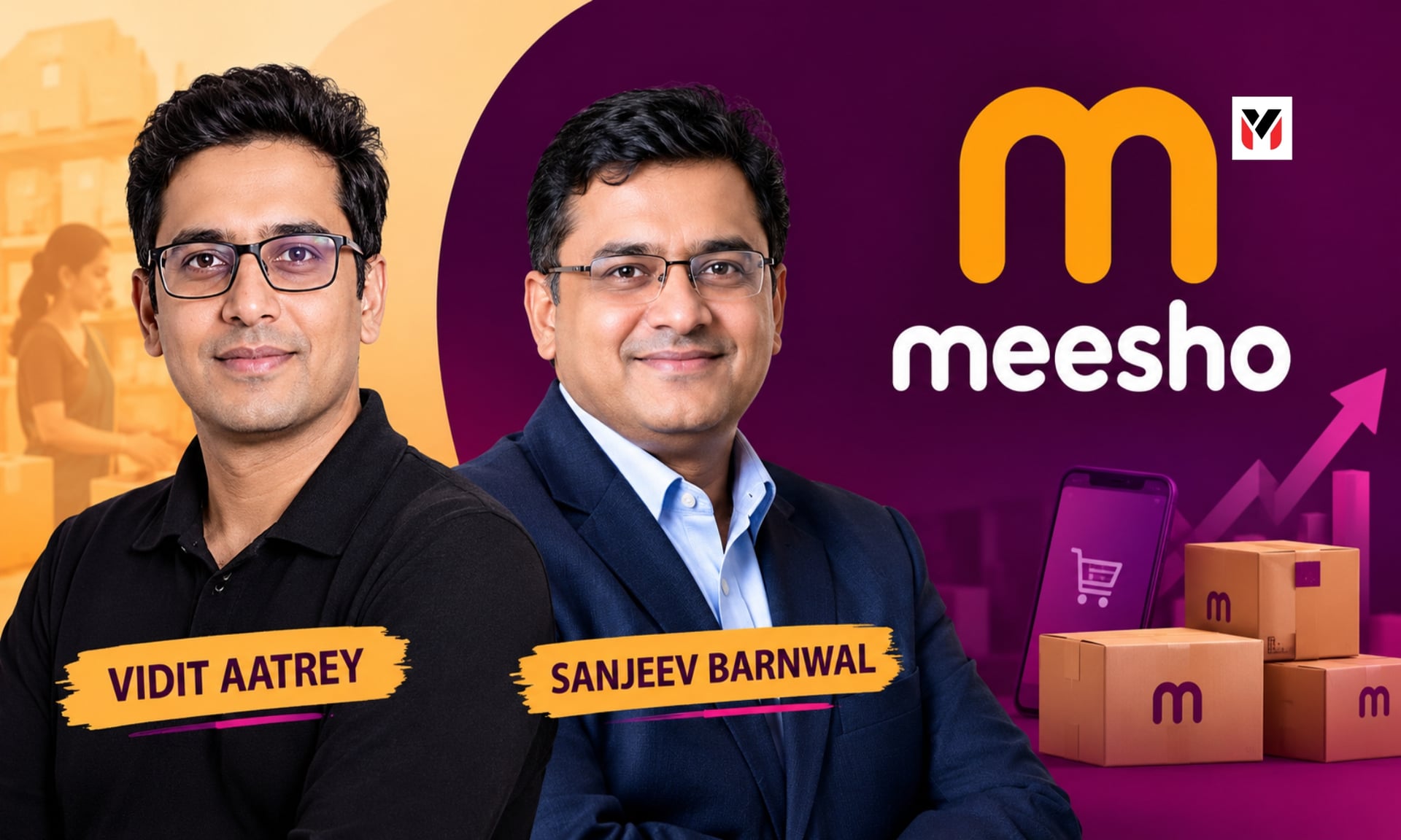 Vidit Aatrey and Sanjeev Barnwal, co-founders of Meesho, alongside the Meesho mobile app and delivery boxes