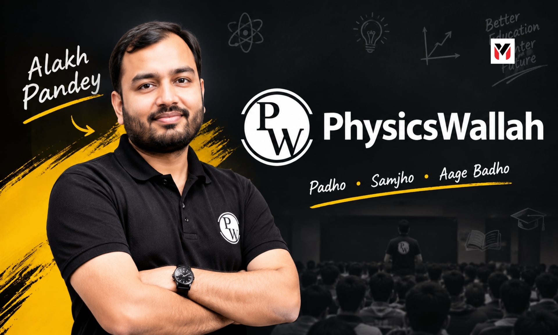 Alakh Pandey, founder of PhysicsWallah, with the PW logo and an auditorium of students
