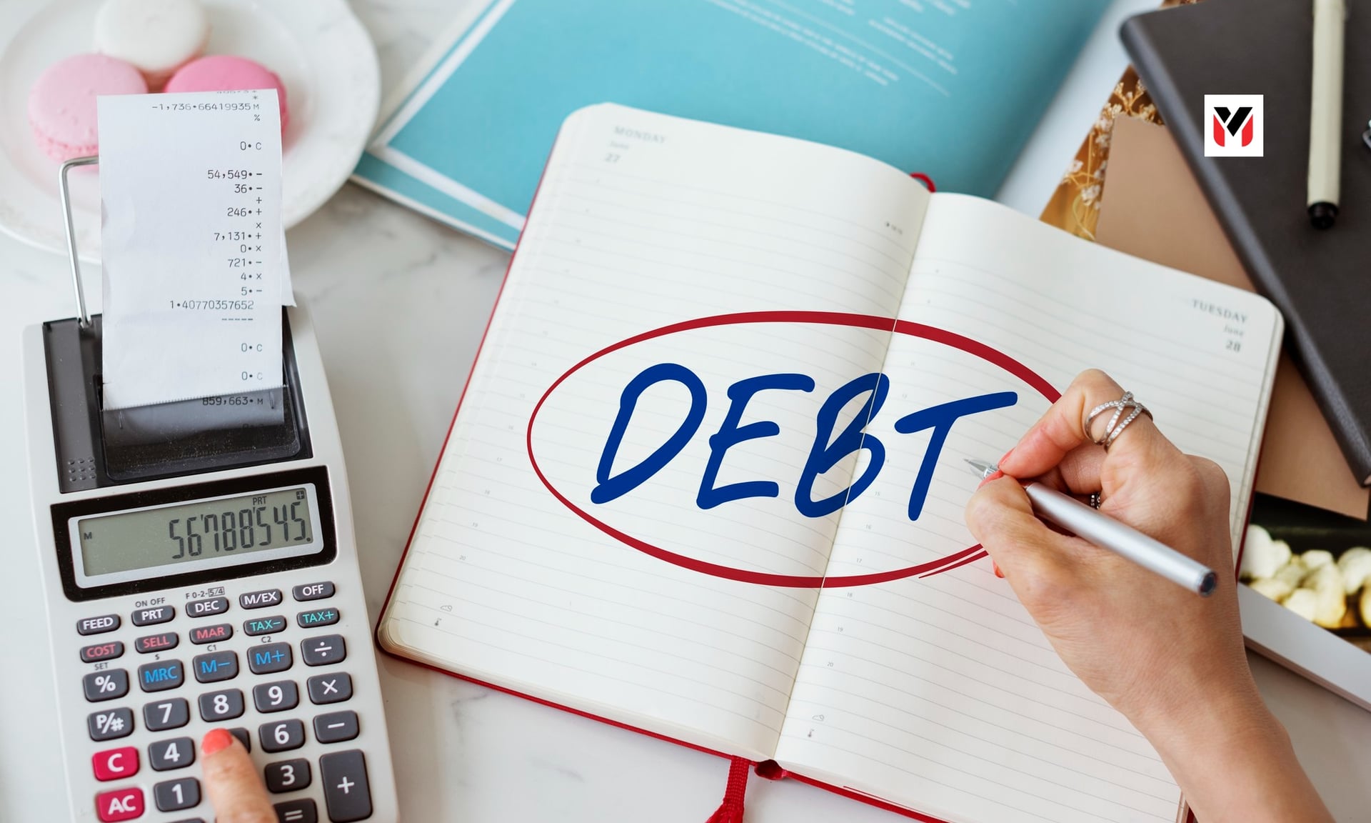 A balance scale with a stack of shares on one side and a loan agreement document on the other