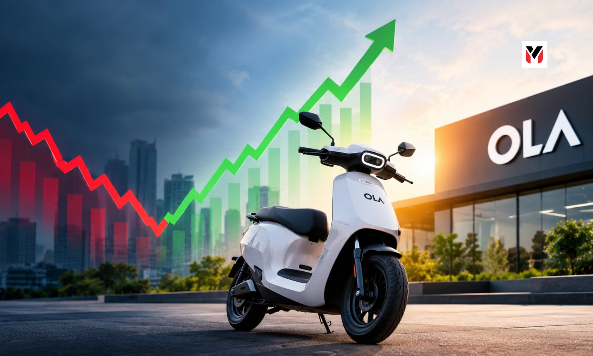 A line chart that dips deeply and then climbs, with a scooter silhouette at the lowest point