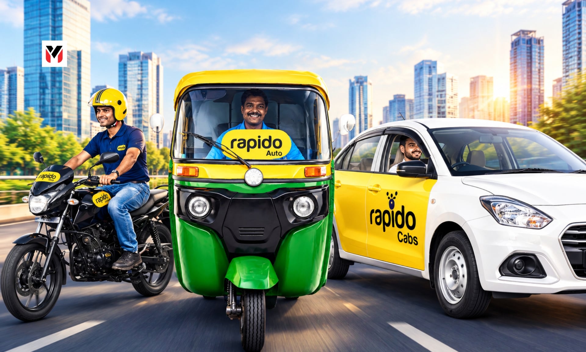 A three-wheeler auto, motorcycle, and taxi converging on a smartphone app interface