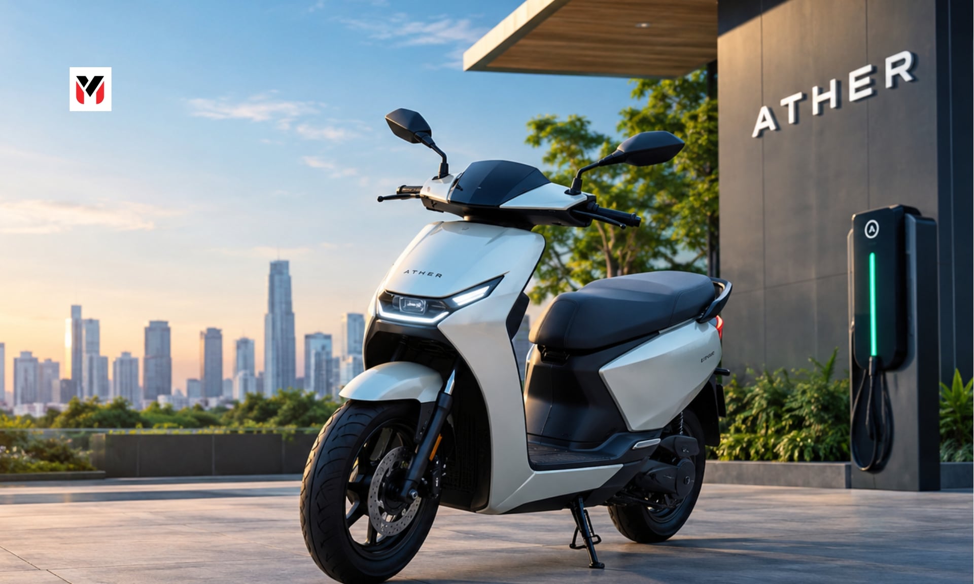 An electric scooter with an upward operating margin chart crossing the breakeven line